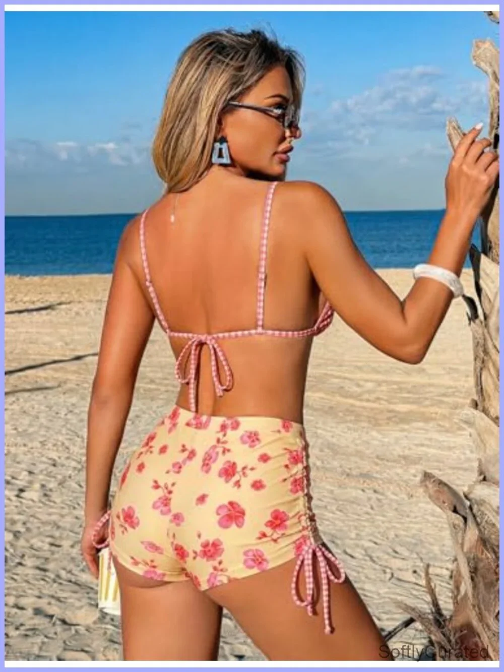 Triangle Bikini Tie Back Plaid Shorts Bow Padded Two Piece Swim Set